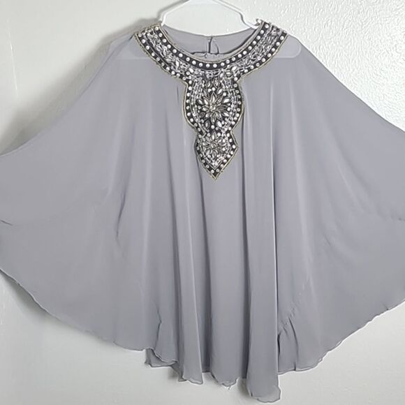 Sheer Gray Kimono with Black Rhinestone Accents on Neckline, Chest & Cuffs, OS - Picture 3 of 8